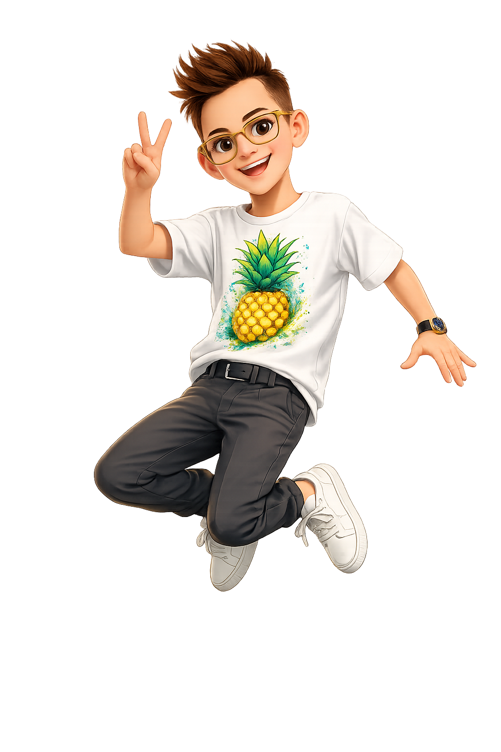 Bohater Petimondo Fibu w radosnym skoku pokazujący jak poprawić koncentrację dziecka poprzez zabawę i gimnastykę mózgu